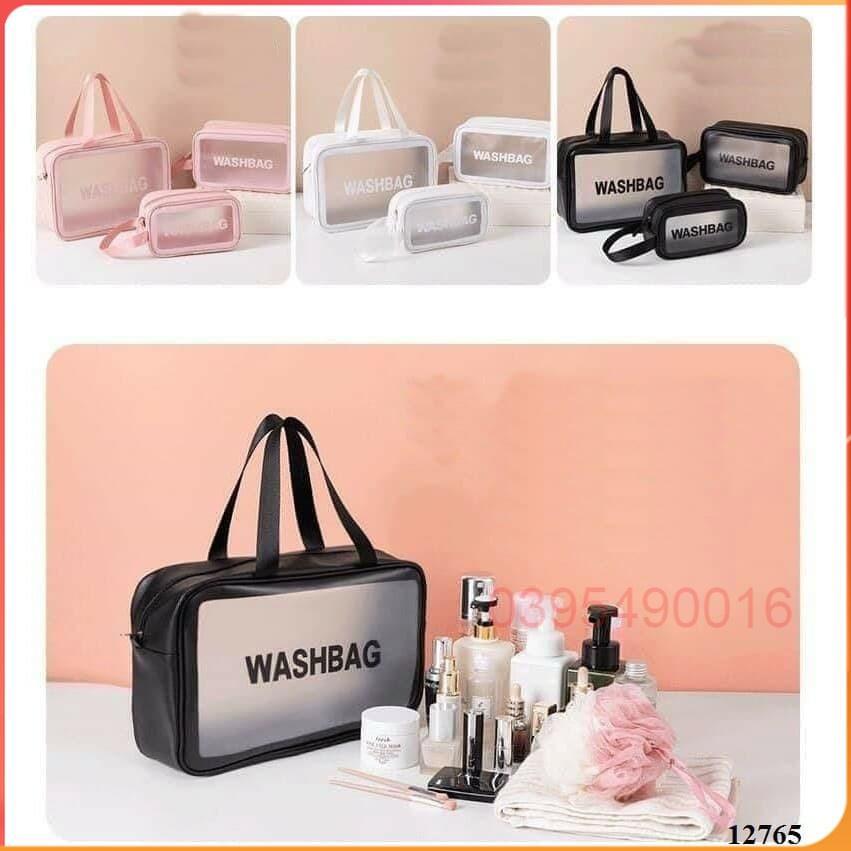 Bộ 3 Túi đựng mỹ phẩm du lịch MÀU ĐEN chứa đồ trang điểm sang trọng Washbag trong suốt chống thấm nước tiện dụng