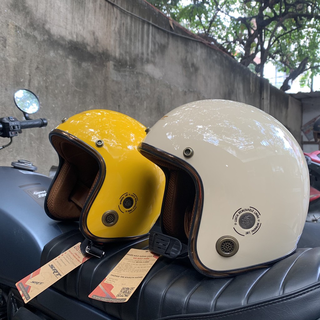 Mũ Bảo Hiểm 3/4 đầu SRT Viền Đồng Thông Gió Chính Hãng Cao Cấp - Lót Nâu Khóa Đỏ Nhiều Màu