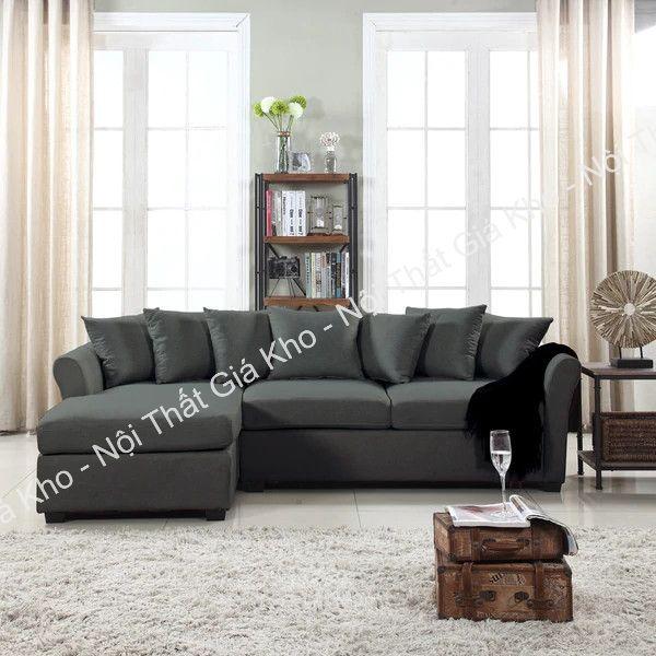 Sofa chữ l bọc vải bố màu ghi, ghi đậm