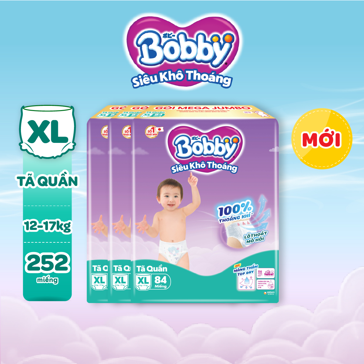 Tã quần Bobby Siêu Khô Thoáng - 100% Thoáng Khí Mega Jumbo - XL84