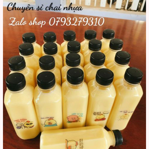 100 chai nhựa 330ml vuông nắp đen kèm tem thank you