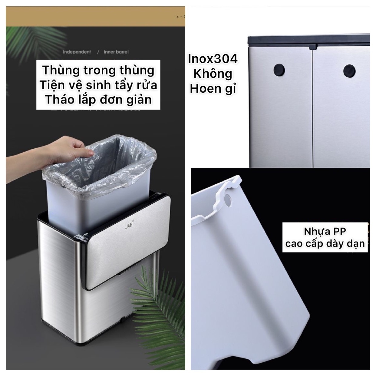 Thùng rác treo tủ nhà bếp, dán tường nhà tắm inox 304 cao cấp