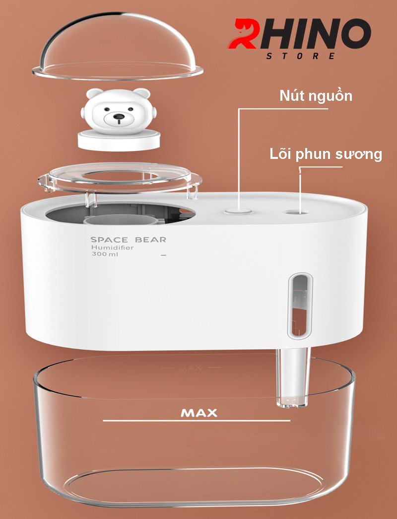 Máy phun sương tạo ẩm Rhino H905, dung tích 300ml, tích hợp đèn ngủ hàng chính hãng