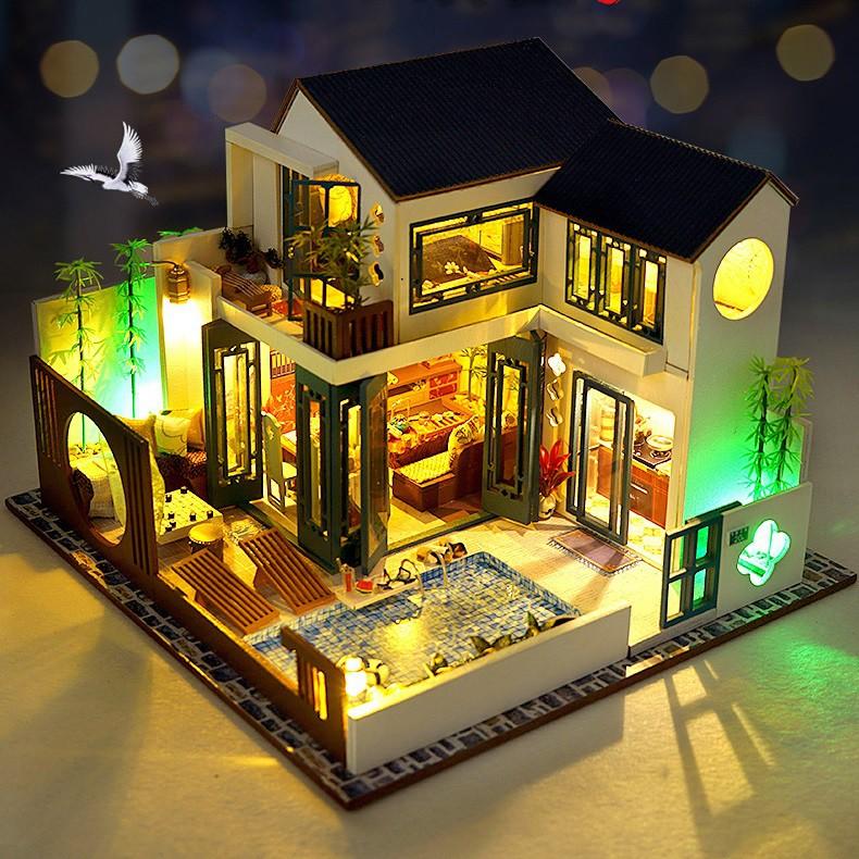 Mô hình nhà DIY Doll House Chinese Happy Restaurant Kèm Hộp nhạc và Mica Chống bụi