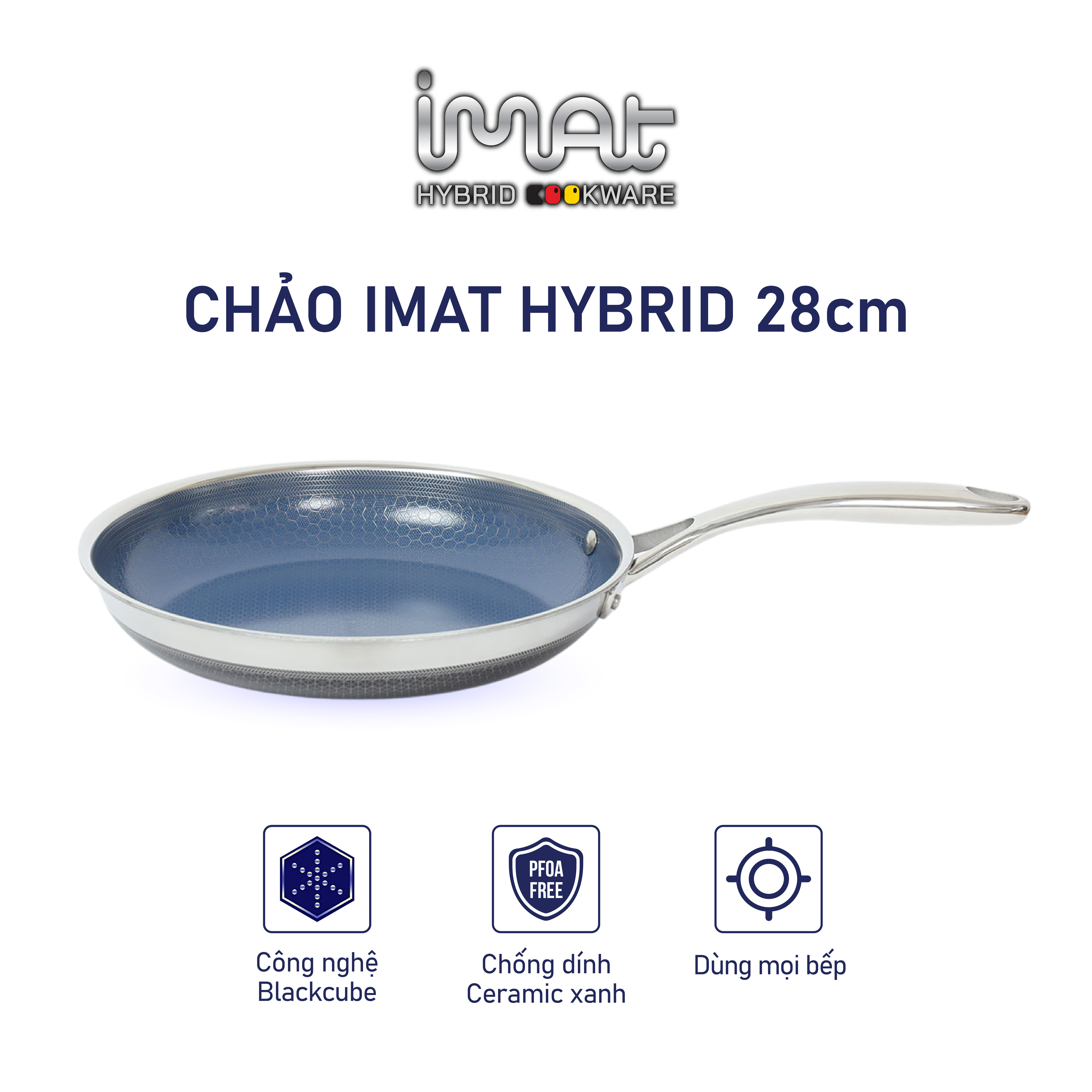[Hàng chính hãng] Chảo chiên/ rán iMAT Hybrid Blackcube chống dính Ceramic lòng xanh mới size 22cm