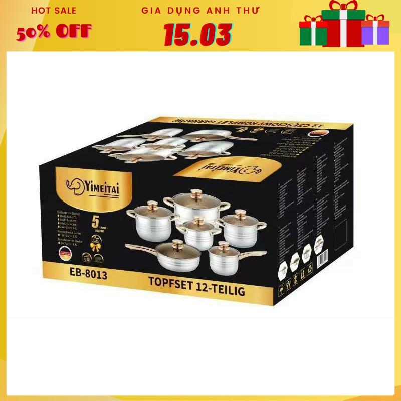 Set Bộ nồi Đức 5 đáy Yimeitai gồm 6 món lắp hợp kim vàng dùng cho mọi loại bếp điện, bếp từ, bếp ga