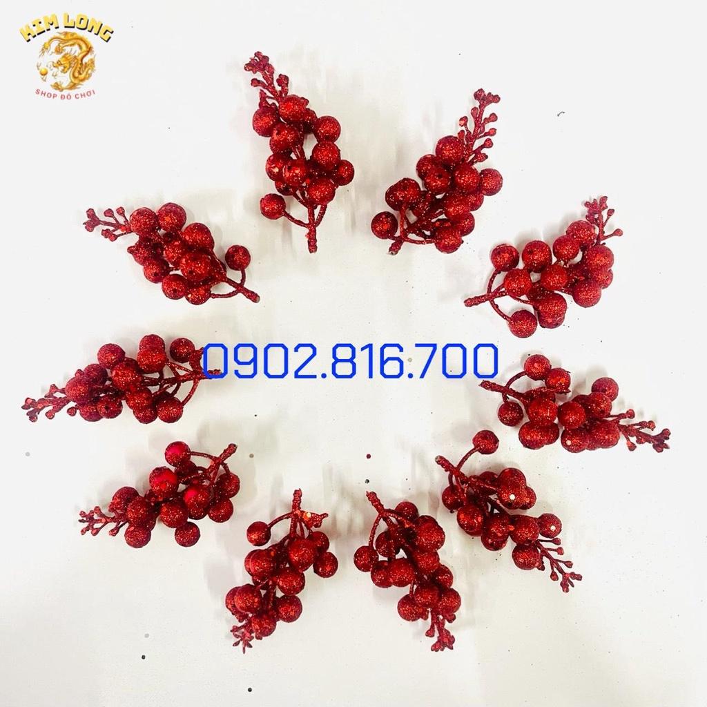 Sét 10 nhánh cherry đỏ trơn phủ kim tuyến bạc đỏ vàng đính cây thông làm vòng nguyệt quế trang trí noel- giáng sinh tết