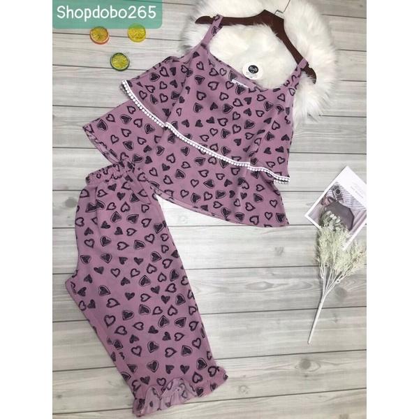 Bộ ngủ 2 dây,đồ bộ lửng mặc nhà vải lụa mango BL 123 hoạ tiết dễ thương size 47-60kg.