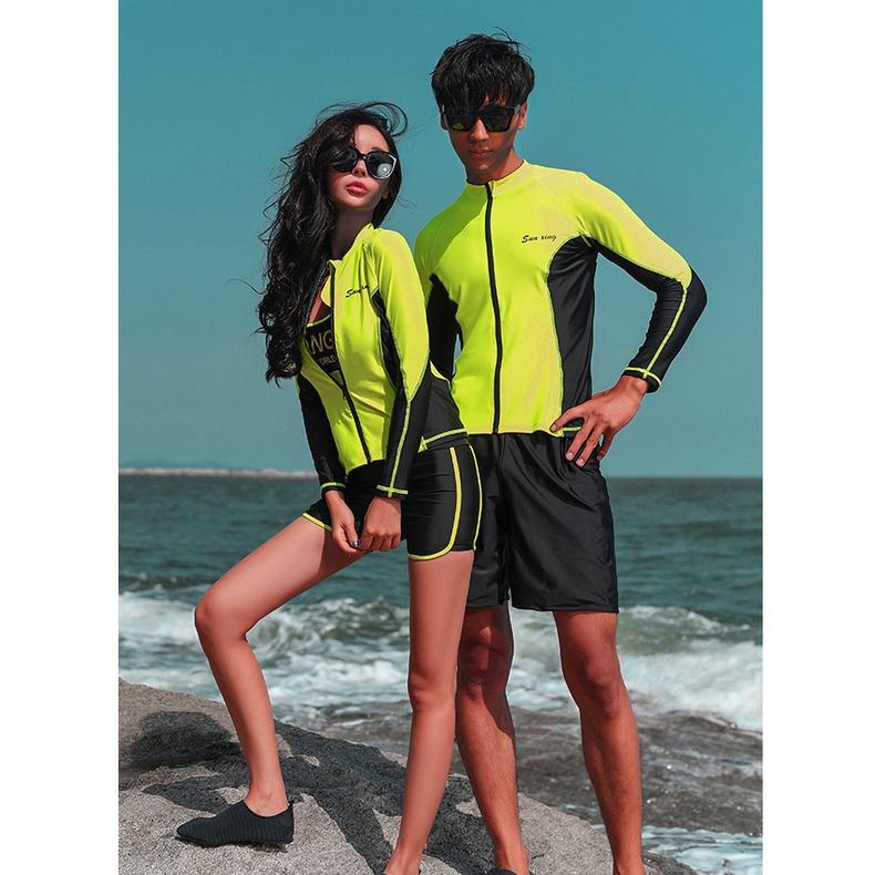 Bộ đồ bơi cặp đôi nam nữ dài tay kéo khóa màu xanh neon thun lạnh cao cấp