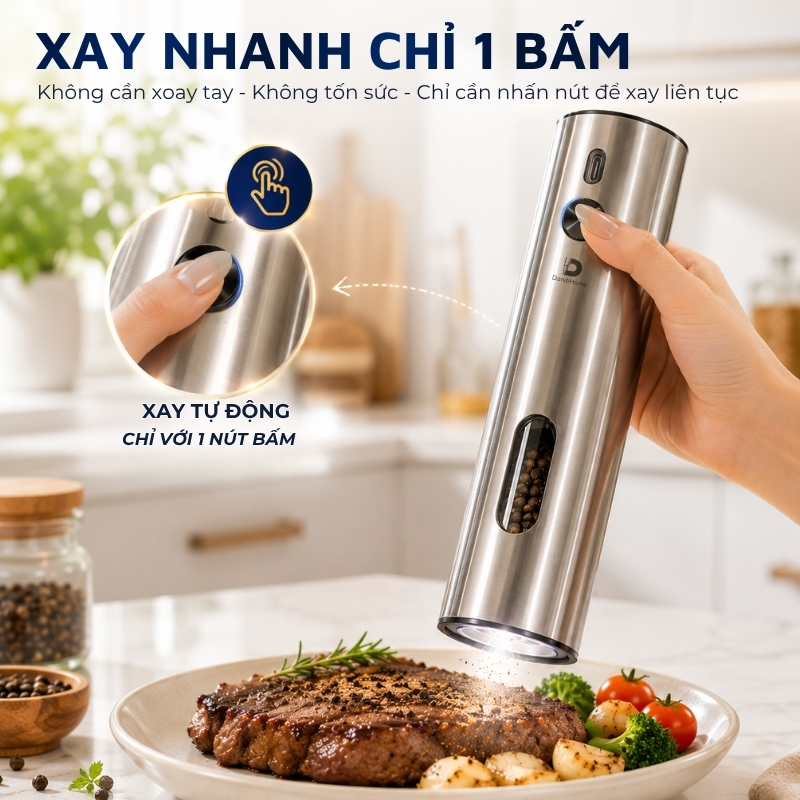 Máy xay gia vị điện DandiHome 110ml - Xay tiêu, muối, điều chỉnh độ mịn, sạc pin Type-C -  ‌Hàng chính hãng Dandihome