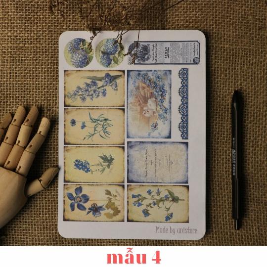 Sticker tự cắt Blue ephemera mix - sticker vintage dán, trang trí sổ nhật kí, sổ tay | Bullet journal - kc005