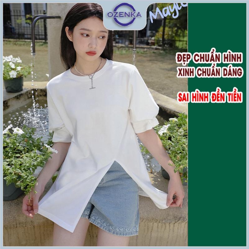 Áo thun nữ rộng tay lỡ oversize sẻ gấu OZENKA , áo phông cộc tay cổ tròn chất cotton dày đen trắng giá rẻ