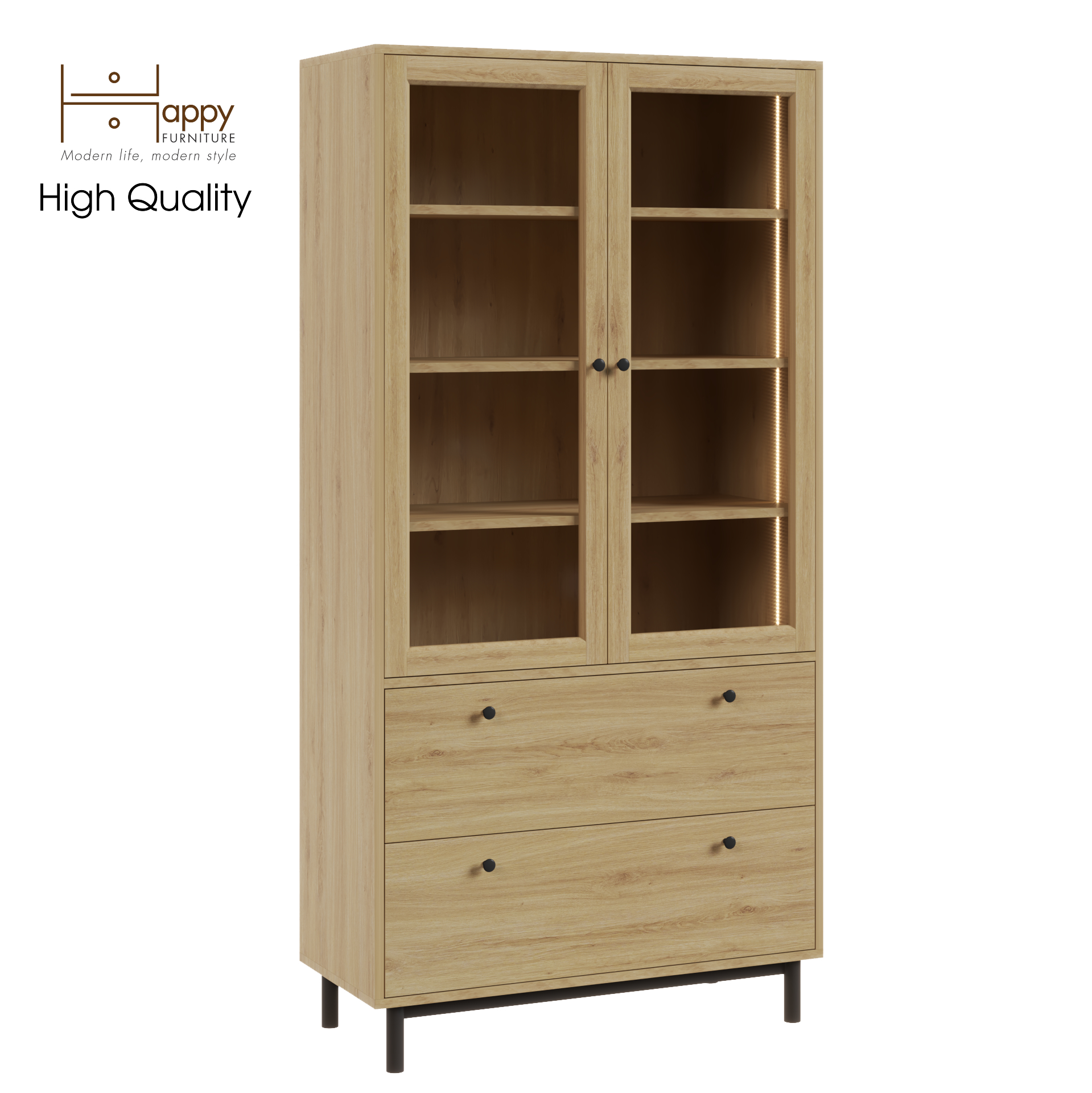 [Happy Home Furniture] CATY ,Kệ sách cửa kính 2 ngăn kéo - đèn LED - chân sắt, 90cm x 39cm x 180cm (DxRxC), KSA_019_LED