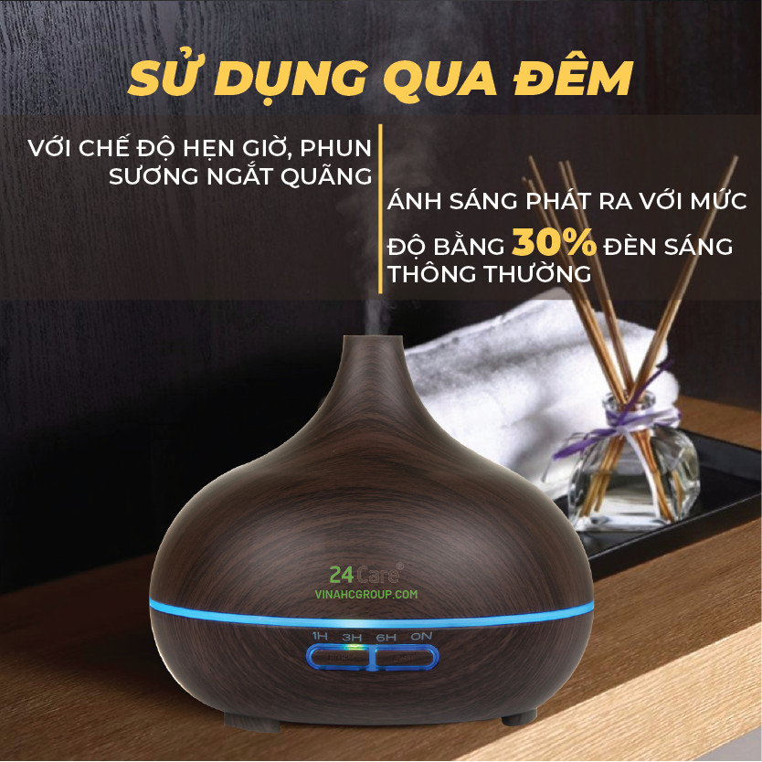 Máy khuếch tán Tinh Dầu 24Care Cổ Cao Đen Ultrasonic 500ml, Tặng 3 Chai Tinh dầu Sả Chanh + Bạc Hà + Cam Úc 24Care 10ml | Xông Phòng | Kèm Remote Điều Khiển |Công nghệ siêu âm tiên tiến.