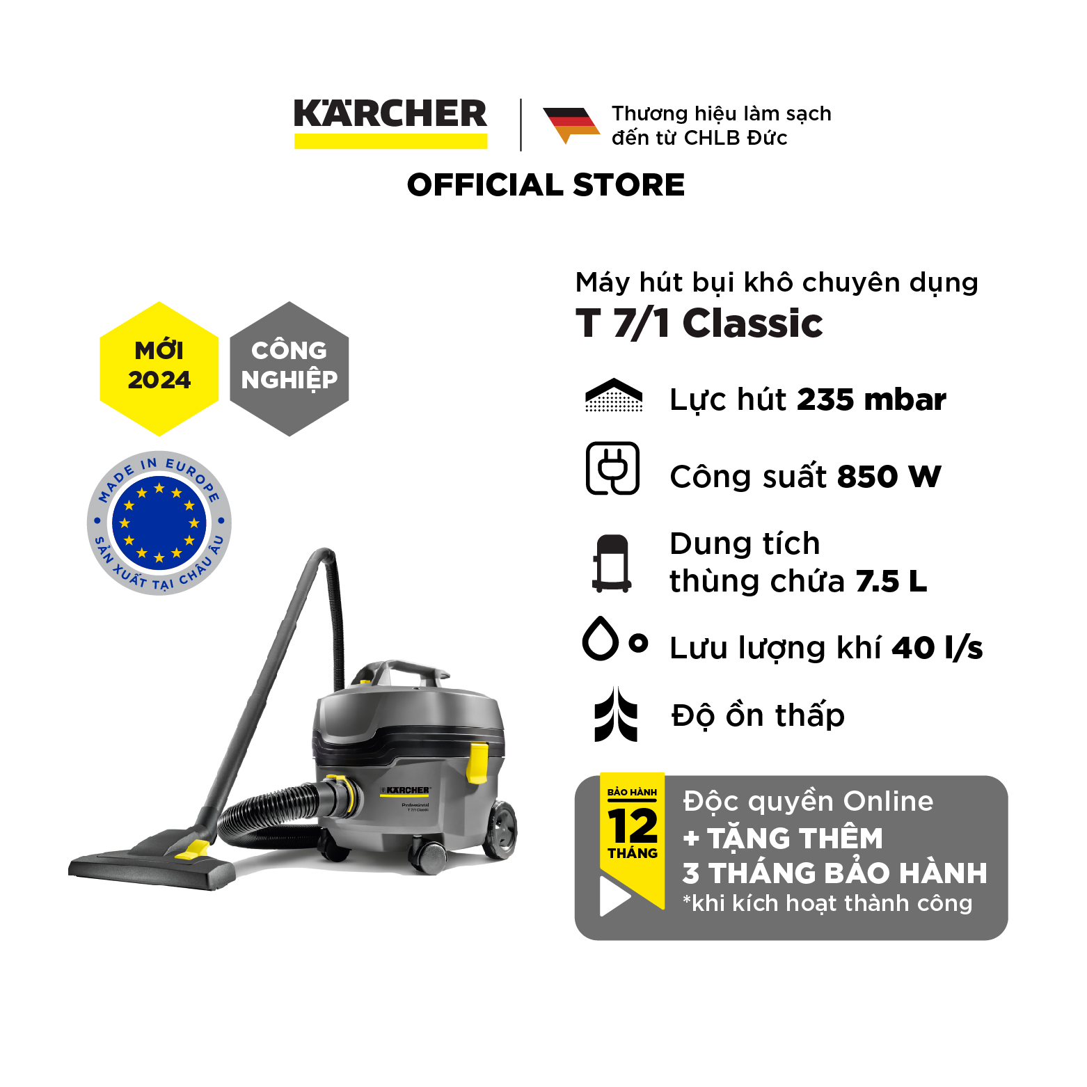 Máy hút bụi khô công nghiệp Karcher T 7/1 Classic - Hàng chính hãng