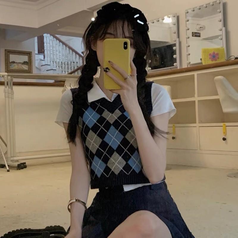  Set áo polo mix gile crotop kẻ caro Ulzzang 2021