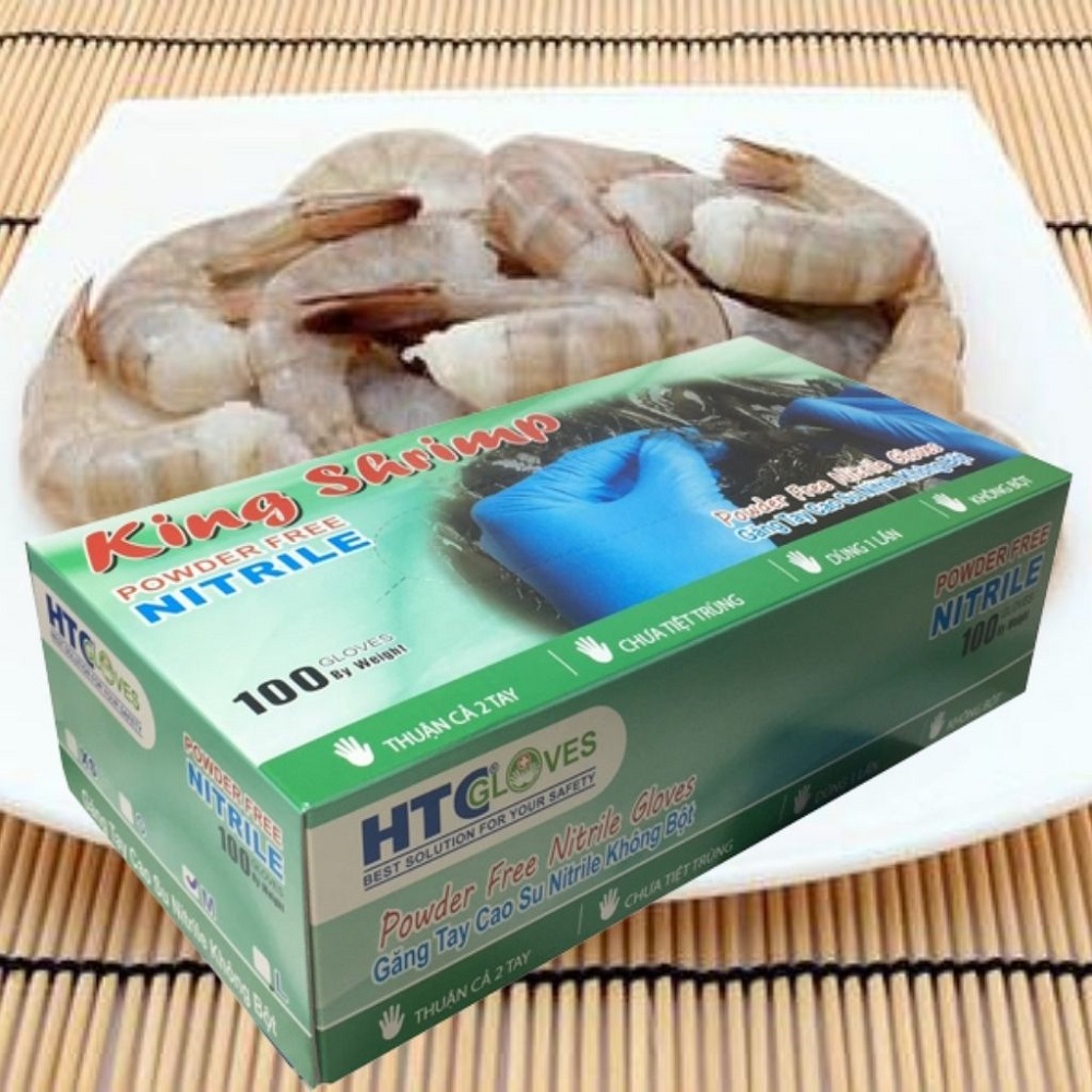 Găng tay thủy sản HTC Gloves, găng tay lột tôm cao su Nitrile màu xanh, độ bền cao bám tốt, dẻo dai mang lại cảm giác thật, định lượng 5,8 gram/cái, hộp 100 cái