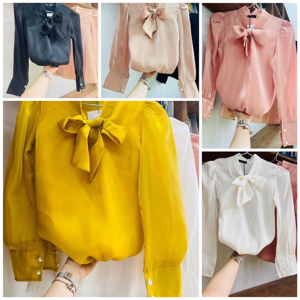 Áo sơ mi nữ công sở áo sơ mi dài tay cổ nơ chất tơ sống siêu xinh thời trang Banamo áo tống cổ nơ 391