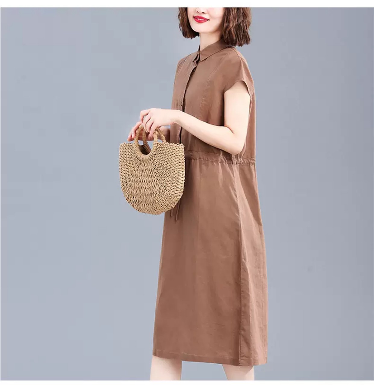 Đầm Nữ Form Suông Linen Cổ Sơ Mi Basic Tay ngắn Thoáng Mát HB70