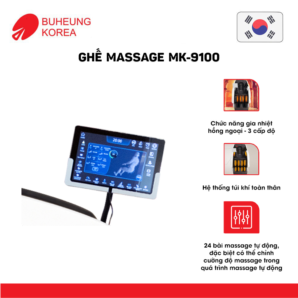 Ghế Massage thương gia Buheung MK-9100 4D King Royal, hệ thống túi khí, 24 bài massage tự động, bảo hành chính hãng