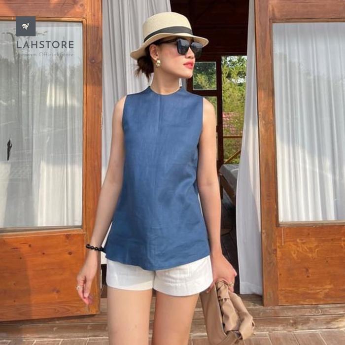 Đồ bộ linen nữ sát nách LAHSTORE, màu xanh đá sang trọng, phù hợp từ 45 đến 70kg