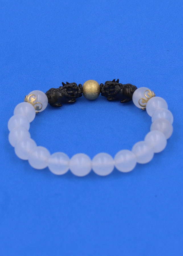 Vòng đeo tay Thạch Anh Trắng size 8 ly, 10 ly, 12 ly - Vòng tay Tỳ Hưu Đôi inox đen VTATTHHEV8 - hợp mệnh Kim, mệnh Thủy