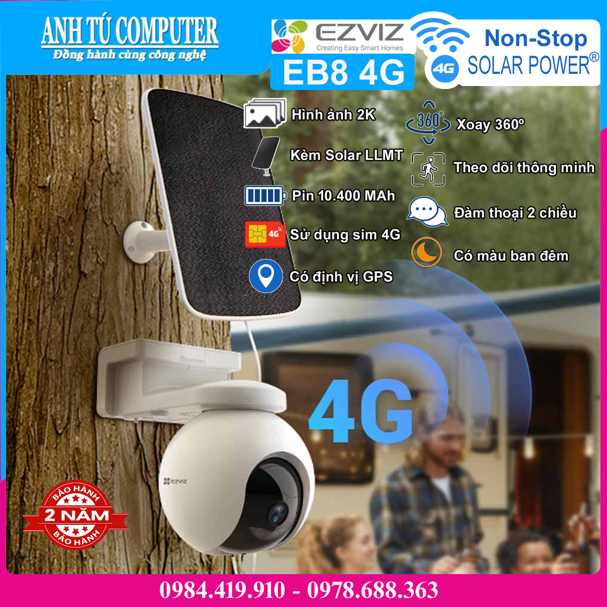Camera 3MP 2K dùng sim 4G tích hợp pin và panel solar Ezviz EB8 hàng chính hãng