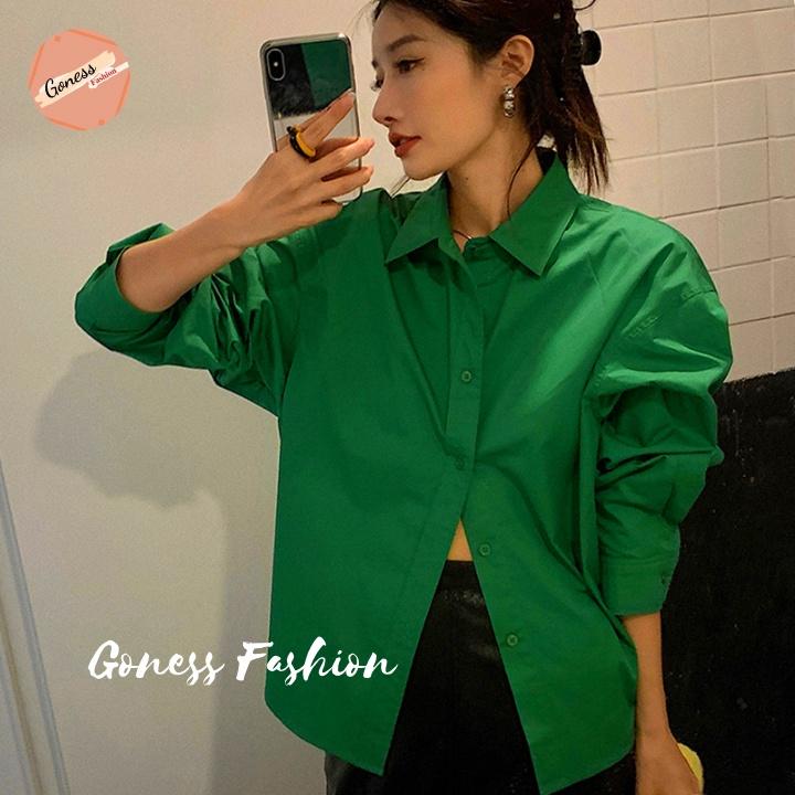 Áo sơ mi nữ Goness dài tay form rộng kiểu sơmi màu xanh trơn đẹp thời trang công sở đi học
