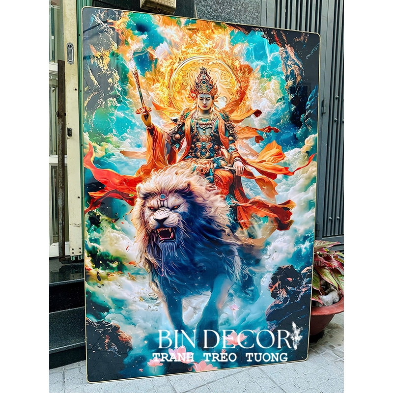(ẢNH CHỤP) Tranh treo tường tráng gương văn thù sư lợi bồ tát trang trí decor sẵn đinh