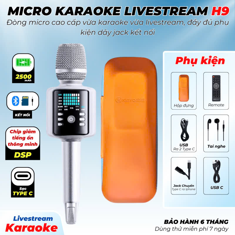 Micro Kèm Loa H9 H9 Pro Bluetooth Karaoke Vừa Karaoke Vừa Livestream Đủ Dây Jack Kết Nối Kèm Hộp Đựng Cao Cấp Chống Sốc Hàng Nhập Khẩu