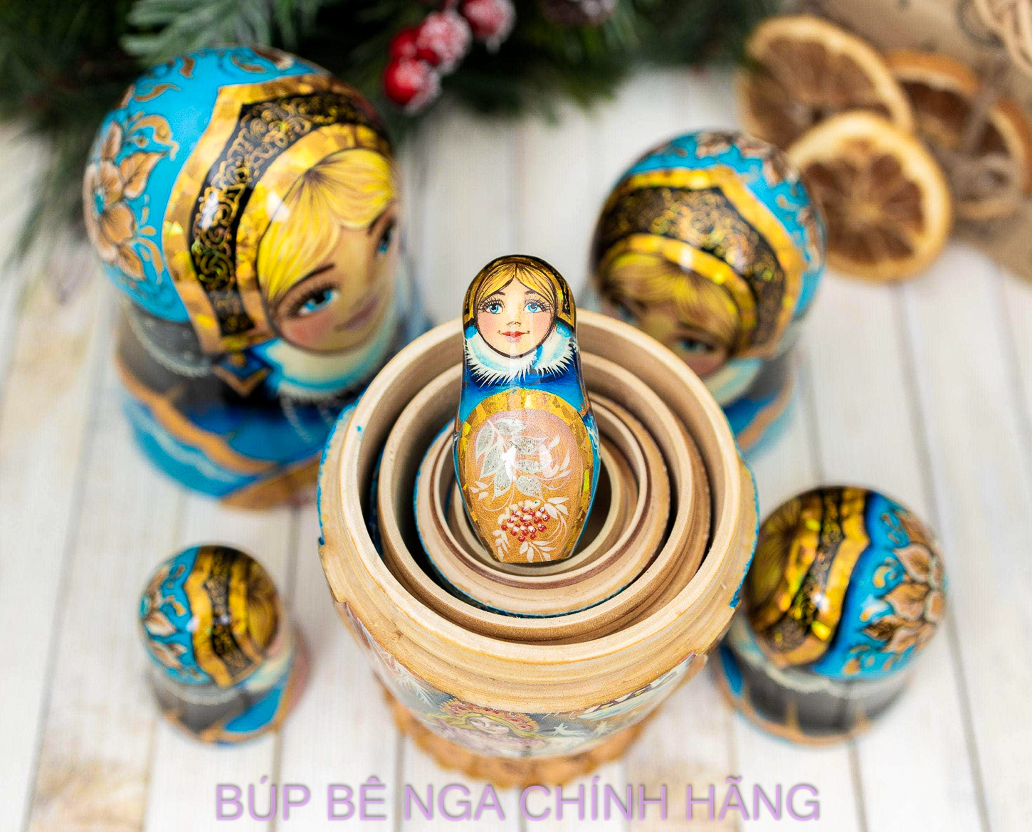 BỘ BÚP BÊ NGA MATRYOSHKA CAO CẤP 5 LỚP 20CM ĐIÊU KHẮC CHẠM NỔI HOA VĂN "CÔNG CHÚA MÙA ĐÔNG" CỰC ĐẸP VÀ SANG TRỌNG