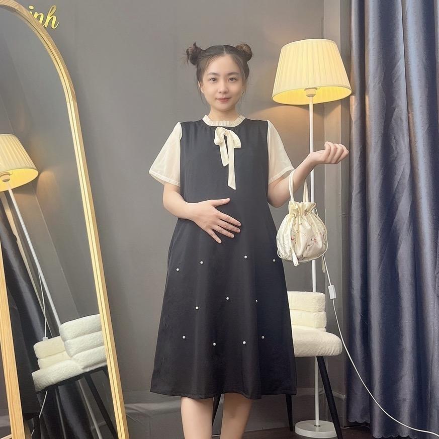 Đầm bầu cổ bèo thắt nơ đính hạt phom suông dễ thương gon dáng, mặc đi làm đi chơi - Đen