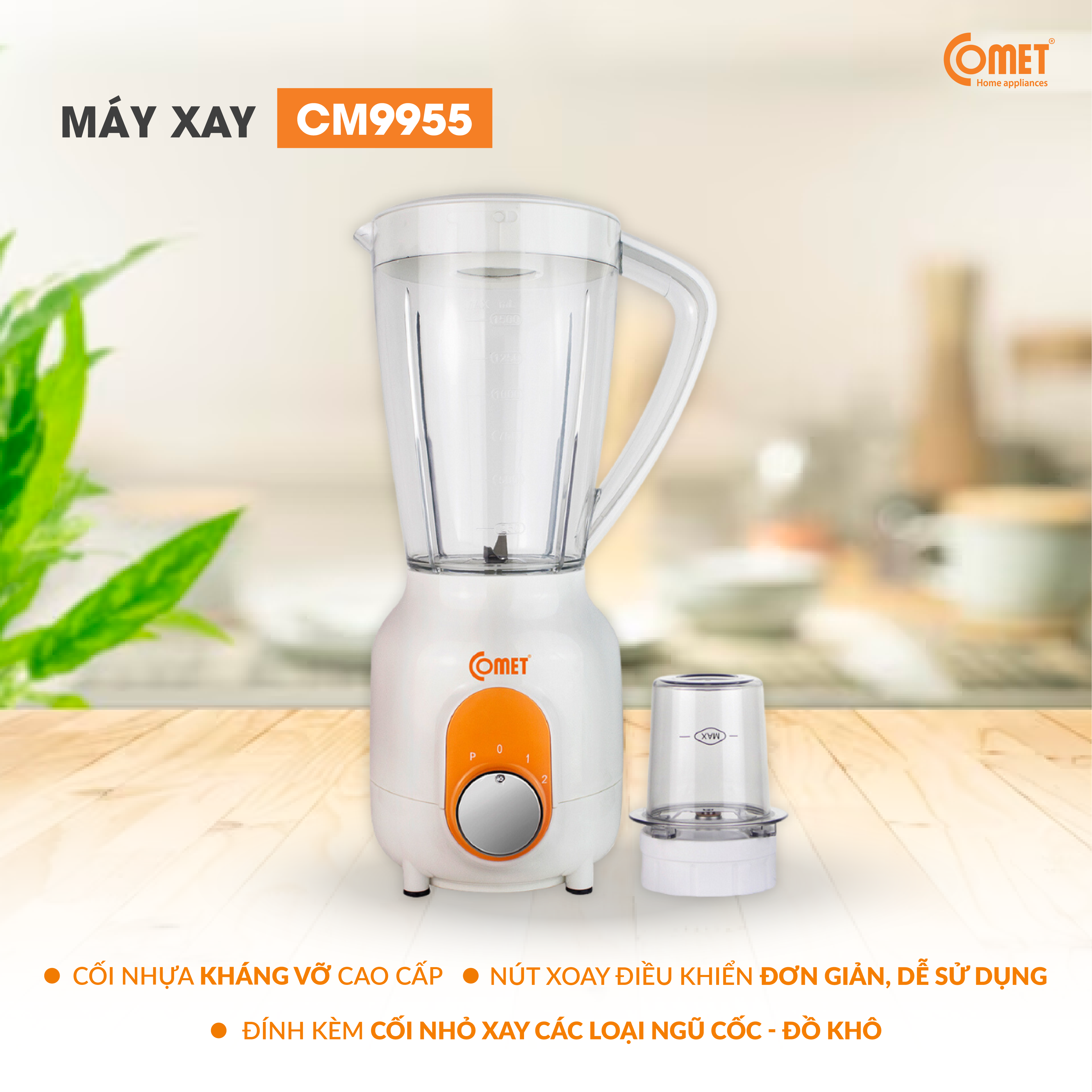 Máy xay sinh tố cối nhựa kháng vỡ 450W COMET - CM9955 - Hàng Chính Hãng