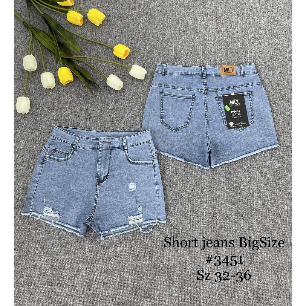 Quần short jean nữ BigSize lưng cao trên rốn, co dãn mạnh, tua lai, màu xanh nhạt rách kiểu dành cho người mập 3451