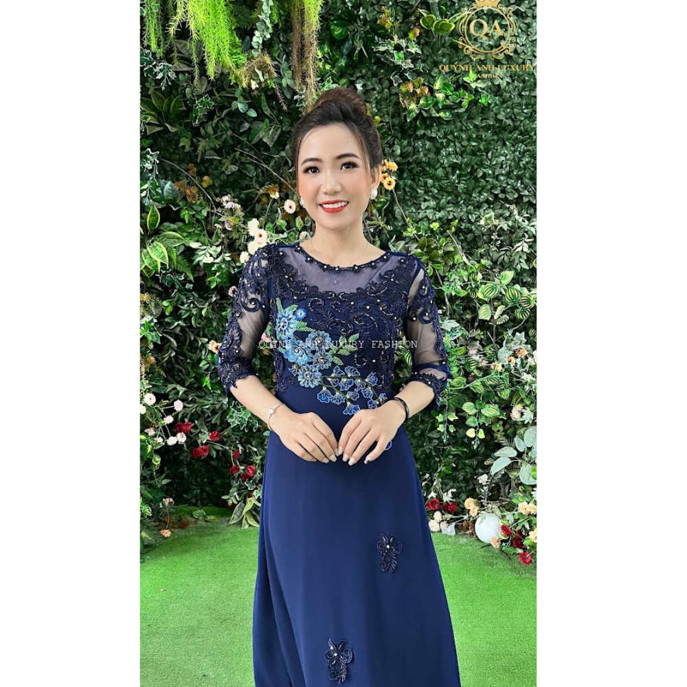 Áo dài dáng dạ hội trung niên cao cấp màu xanh đen mặc làm sui, đi tiệc