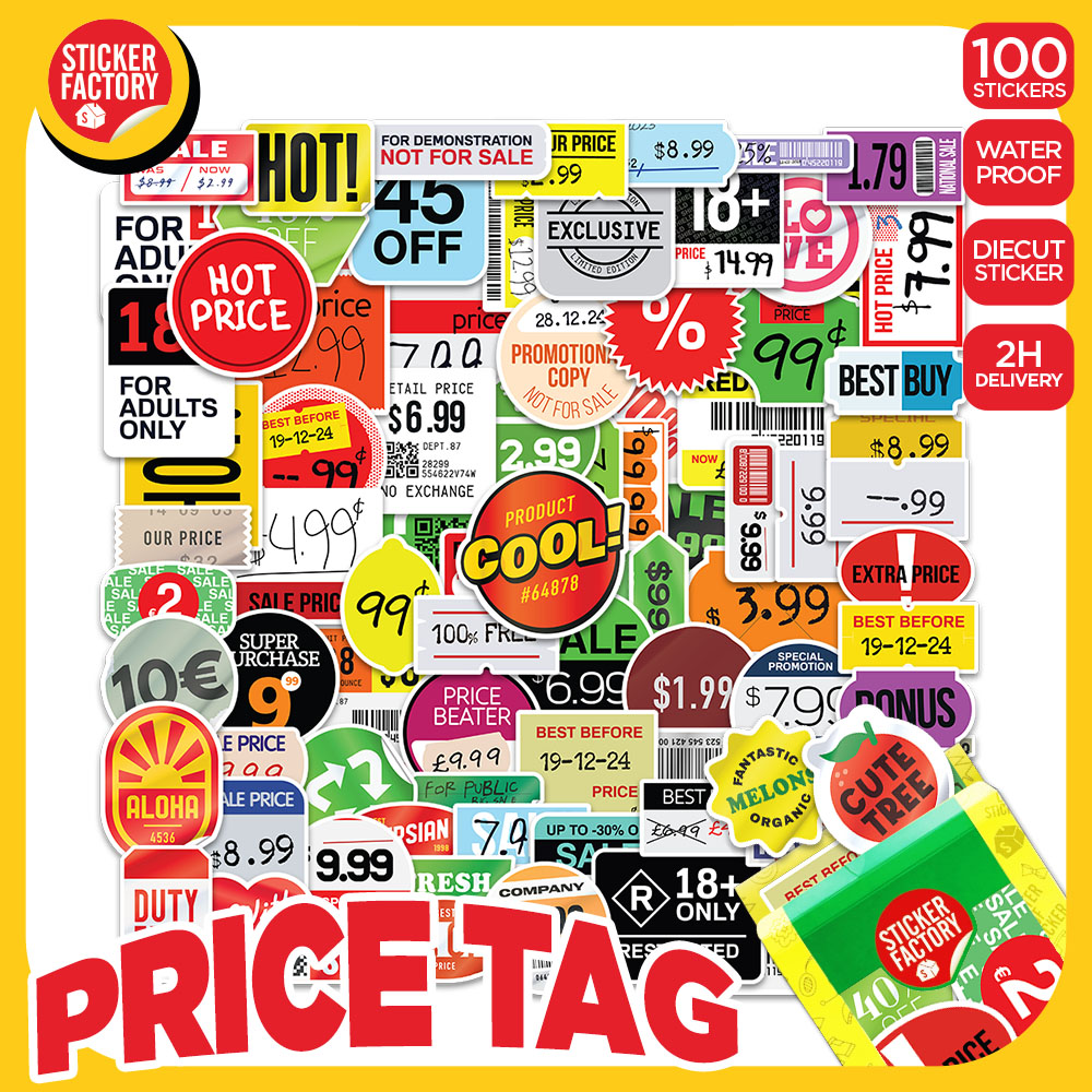 Price tag - Set 100 sticker decal hình dán nón bảo hiểm, laptop, xe máy, ô tô - STICKER FACTORY