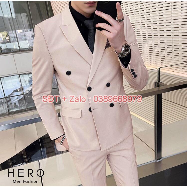 Bộ Vest Nam Hàn Quốc 6 Cúc Màu kem, Bộ Suit Nam 6 Khuy Màu Be