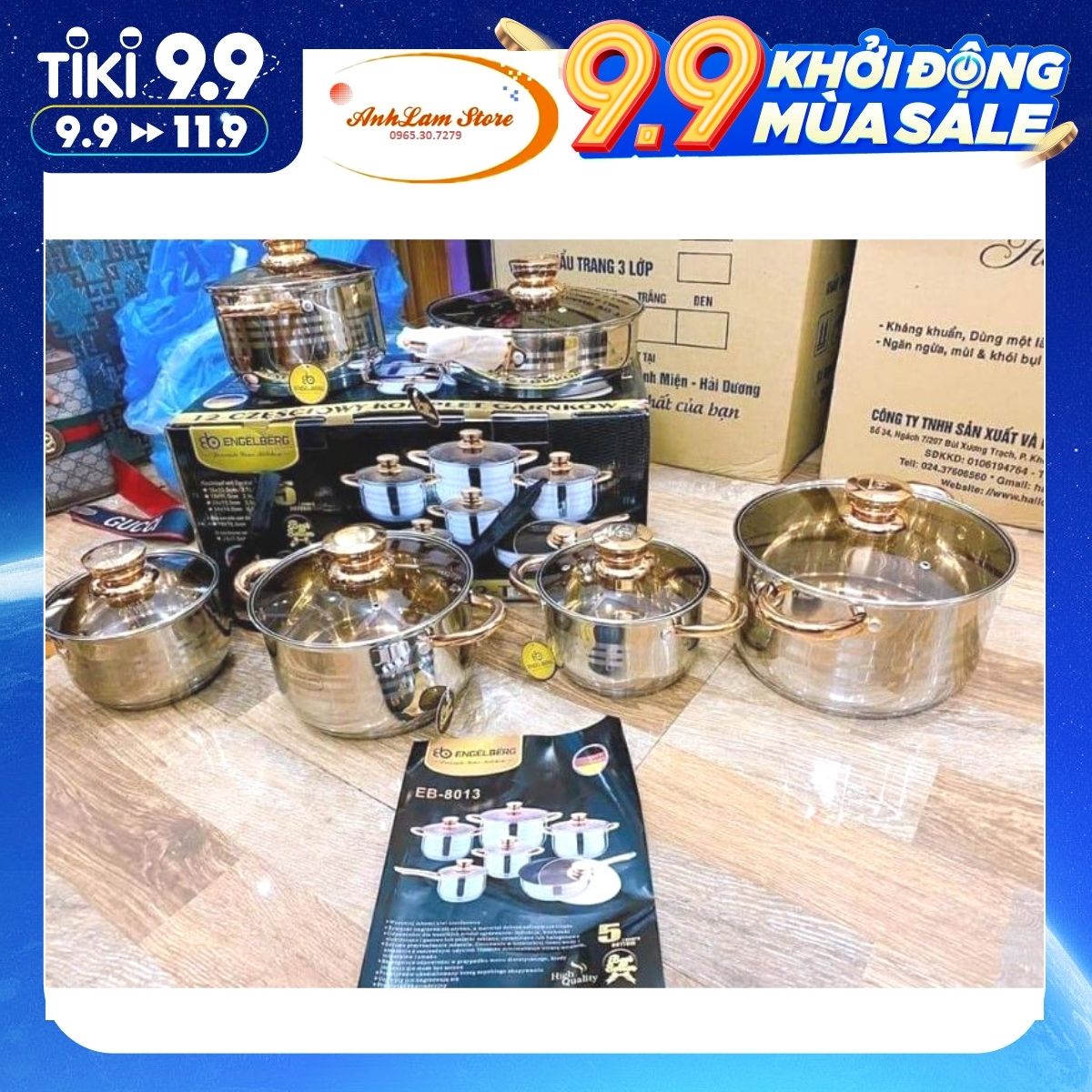 Bộ Nồi ANGELBERG Đức 6 Món - Bộ Nồi Chef 6 Món INox Cao Cấp Dùng Cho Mọi Loại Bếp