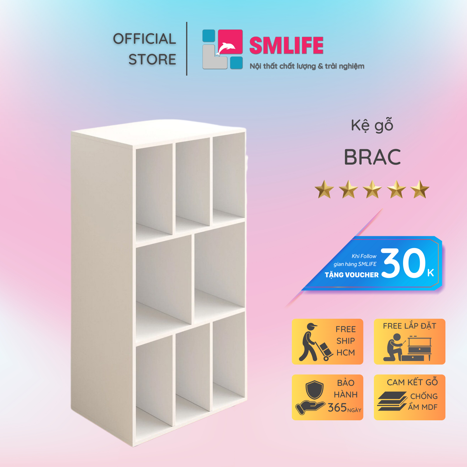 Kệ sách, kệ trang trí gỗ hiện đại SMLIFE Brac | Gỗ MDF dày 17mm chống ẩm | D60xR40xC115cm