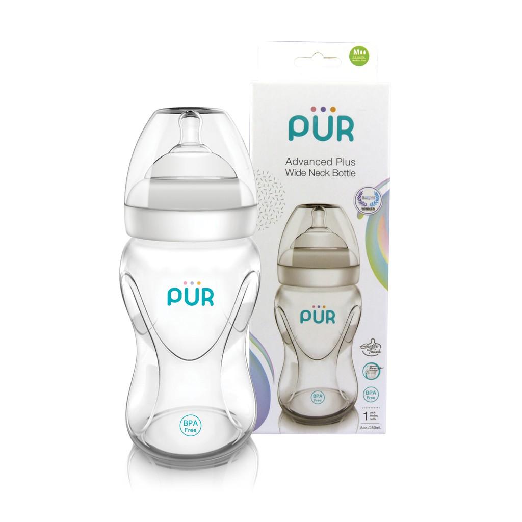 Combo 2 bình sữa Pur cổ rộng 250ml kèm núm M - Tặng gói khăn ướt Pur loại lớn 80 tờ