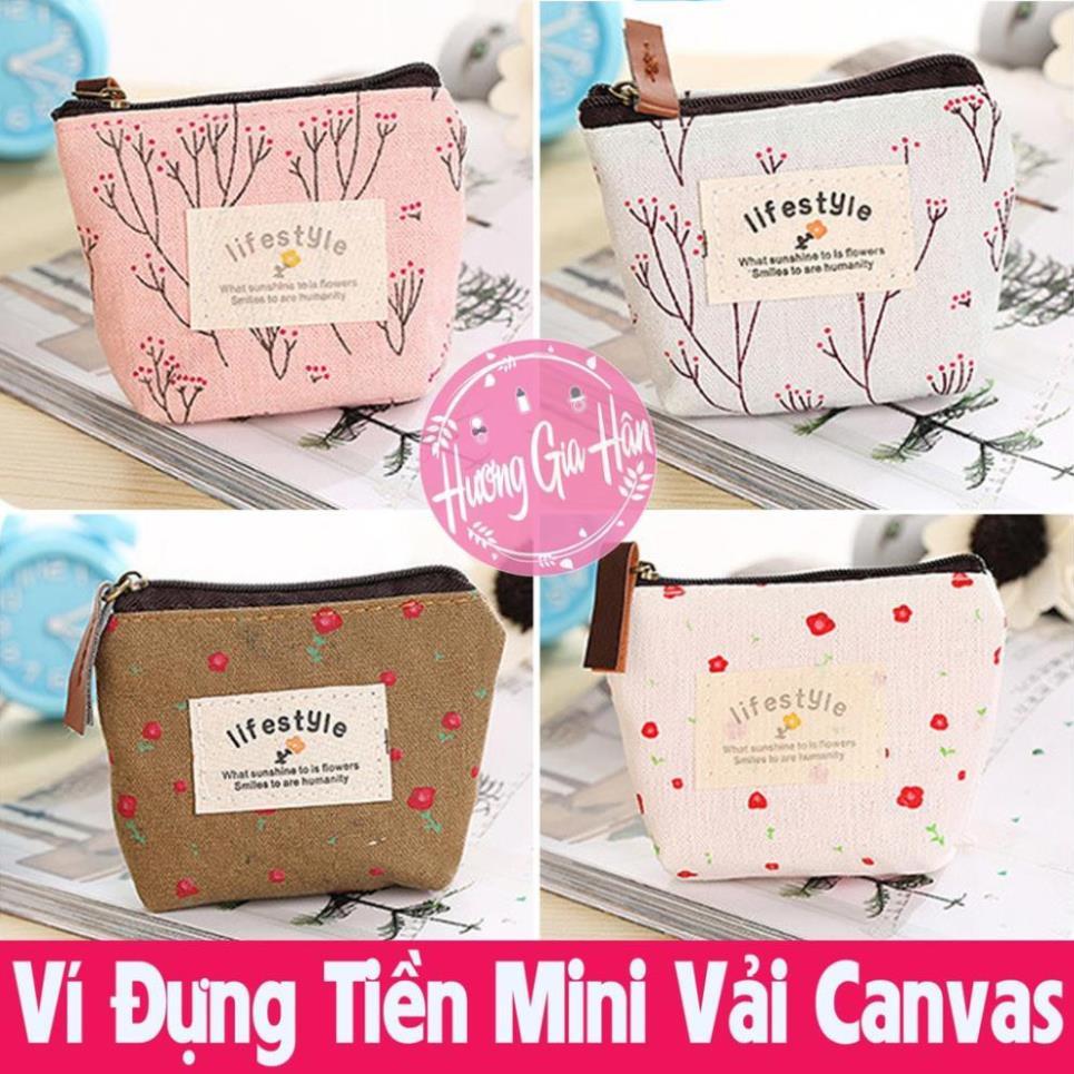 Ví Đựng Tiền Mini Vải Canvas Họa Tiết Hoa Xinh Xắn Cho Bạn Gái