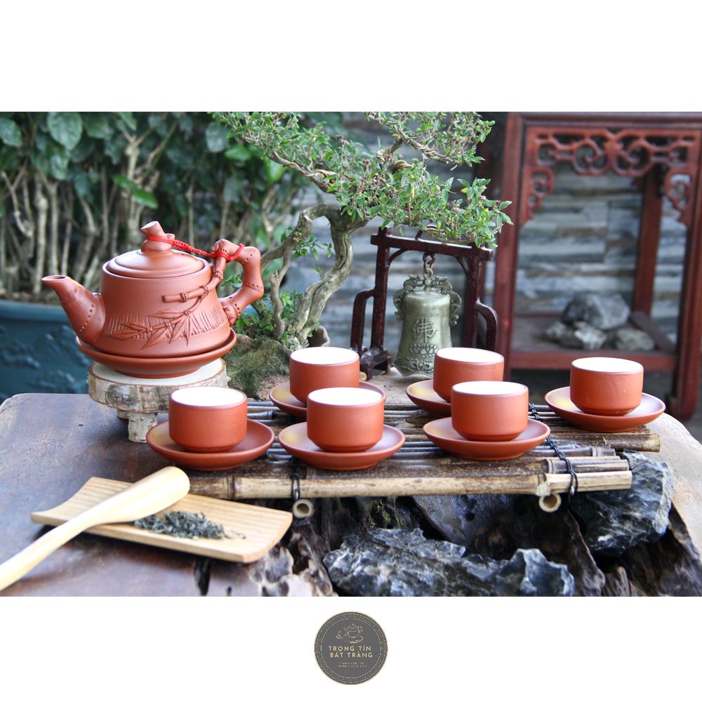 Bộ Ấm Chén Trà Đạo Gốm Tử Sa Bát Tràng Đắp Nổi Trúc Đoạn Dáng Trúc Đoạn Dung Tích 350ml ATSML 07.1