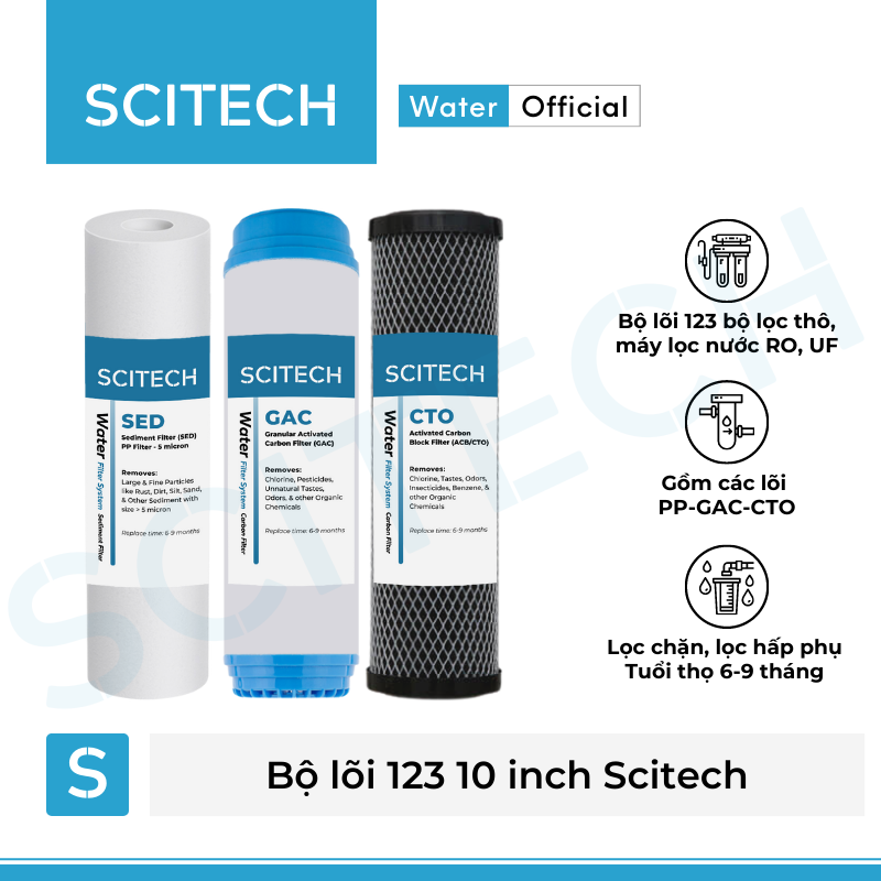 Bộ lõi lọc nước số 1,2,3 (PP-UDF-CTO) 10 inch dùng trong máy lọc nước RO, bộ lọc thô - Hàng chính hãng
