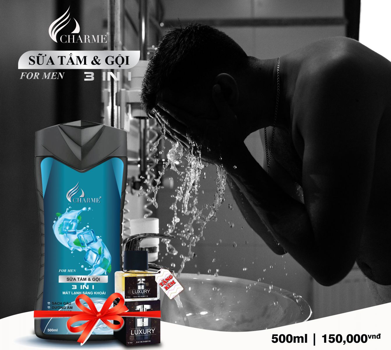 Sữa tắm và gội toàn thân 3in1 Charme For Men mát lạnh sảng khoái 500ml