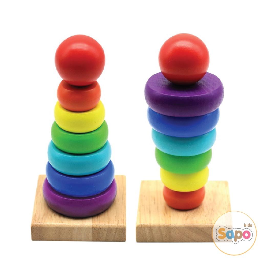 Đồ chơi gỗ tháp cầu vồng 7 màu,đồ chơi giáo dục cho bé nhận biết màu sắc,kích thước