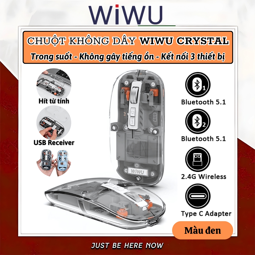 Chuột Không Dây bluetooth 5.1 hiệu WiWU Crystal WM105 - Sạc USB C, Chuột không dây cho MacBook/Laptop, cho iPhone, cho iPad, Nhẹ, Kết Nối 2.4G,, Không Độ Trễ, silend mode (im lặng), thiết kế trong suốt lợ cơ - Hàng nhập khẩu