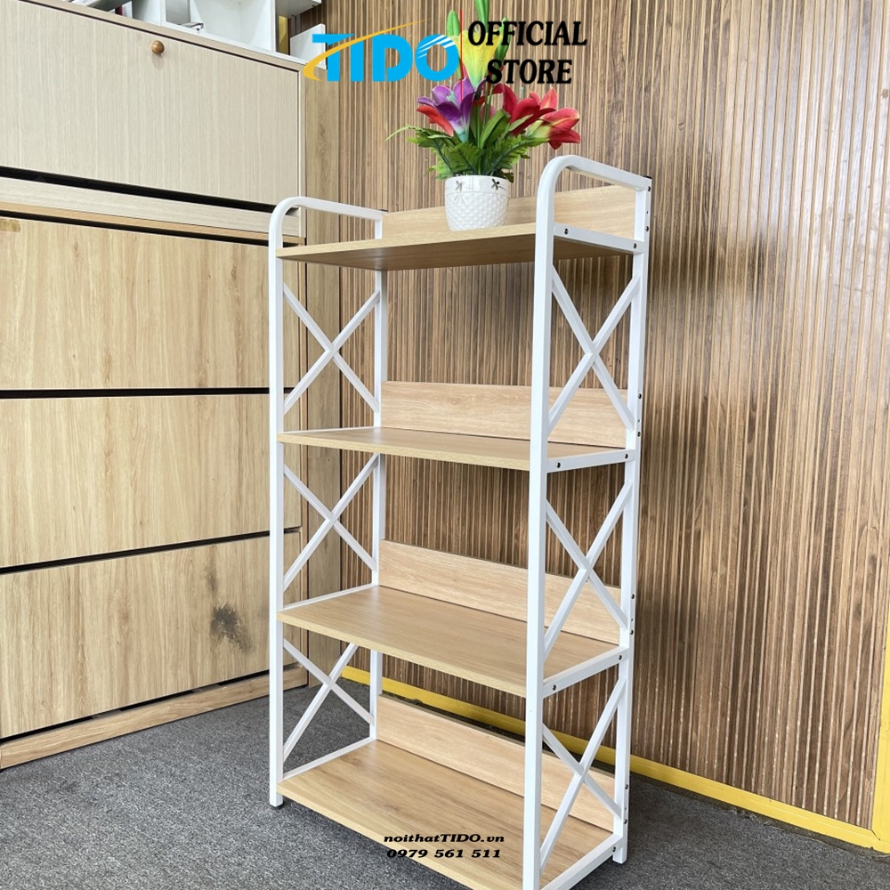 Kệ đựng đồ khung sắt mặt gỗ – Hàng xuất cứng cáp, đầy đủ phụ kiện lắp ráp – Chính hãng TIDO – Vàng – Khung trắng – 4 tầng 30x64x122cm