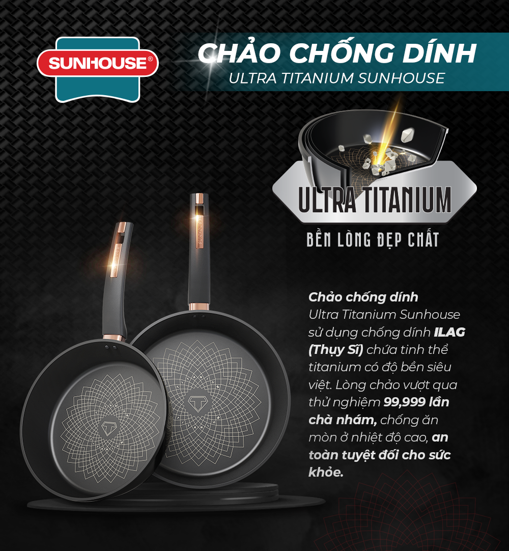 Chảo chống dính Ultra Titanium Sunhouse 20-30cm dùng trên mọi loại bếp - bảo hành chính hãng sản phẩm kèm phiếu bảo hành