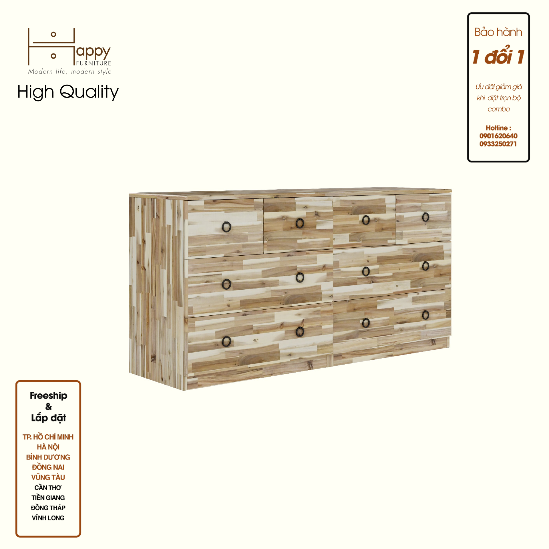 HAPPY FURNITURE , gỗ tự nhiên , Tủ lưu trữ 8 ngăn kéo - YANNA , THK_187 , 150cm x 45cm x 76cm