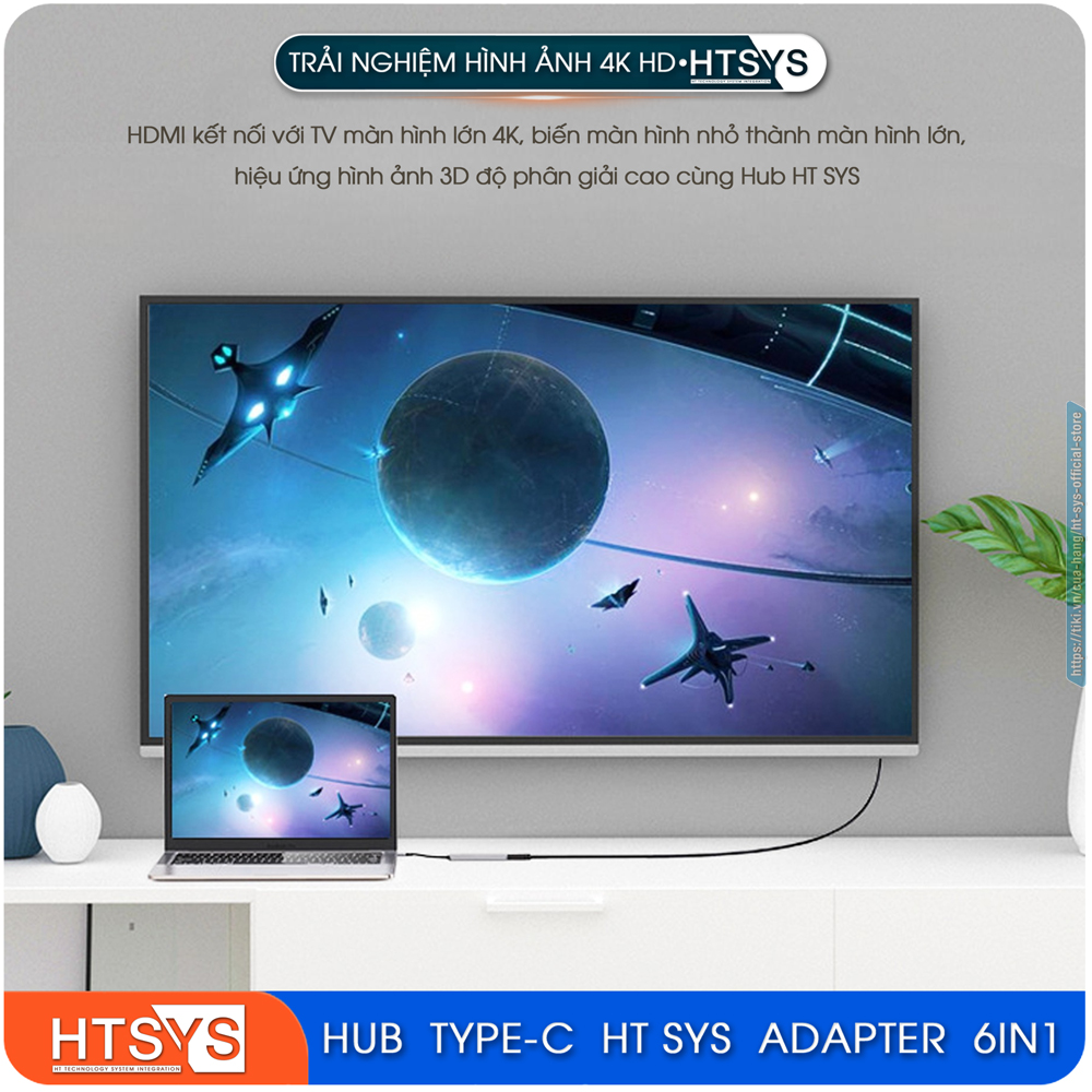 Hub Chuyển Đổi USB Type C HT SYS 6 in 1 To HDMI, USB 3.0, SD, TF, PD 100W - Hàng Chính Hãng